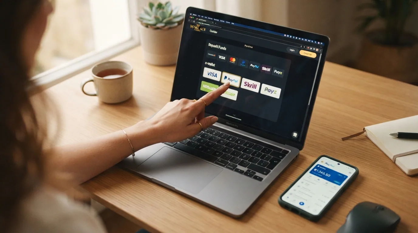 Pantalla del cajero de un casino online con la lista de métodos de pago disponibles, con uno de ellos señalado, simulando el proceso de verificación que siguió este análisis