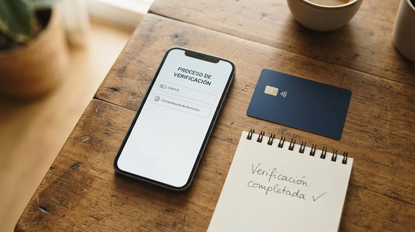 Documento nacional de identidad junto a un teléfono móvil con la pantalla de verificación de cuenta de un casino